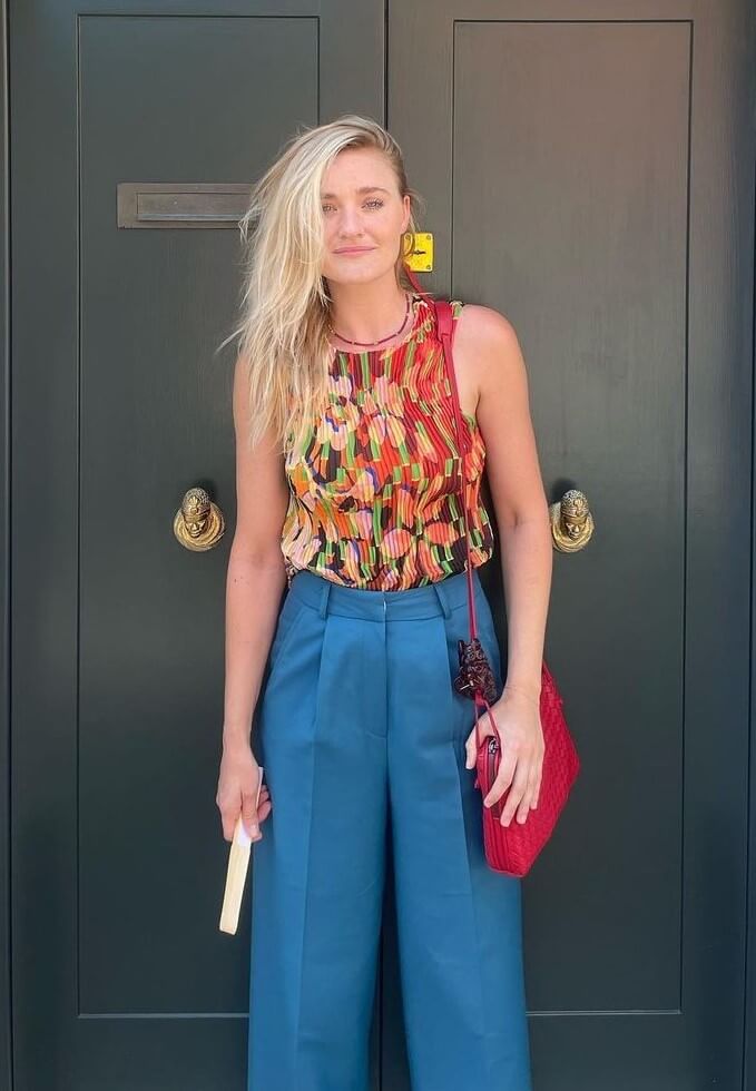AJ Michalka Casual Comfy Summer Look In Blue Pants With Multi-Colour Top