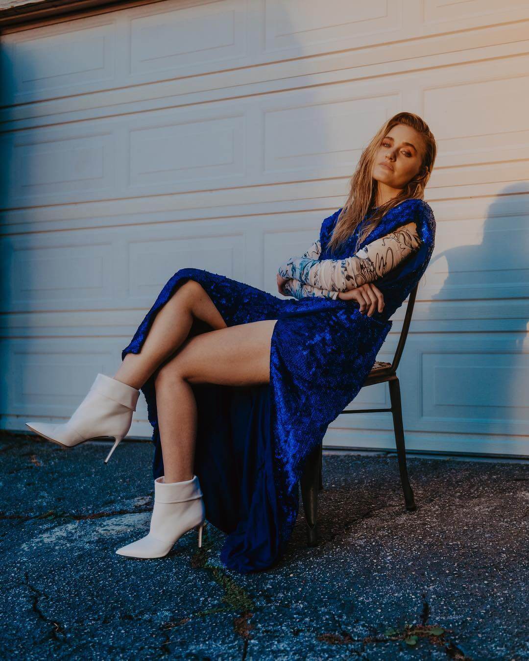 AJ Michalka In Blue Velvet High Slit Cut Dress