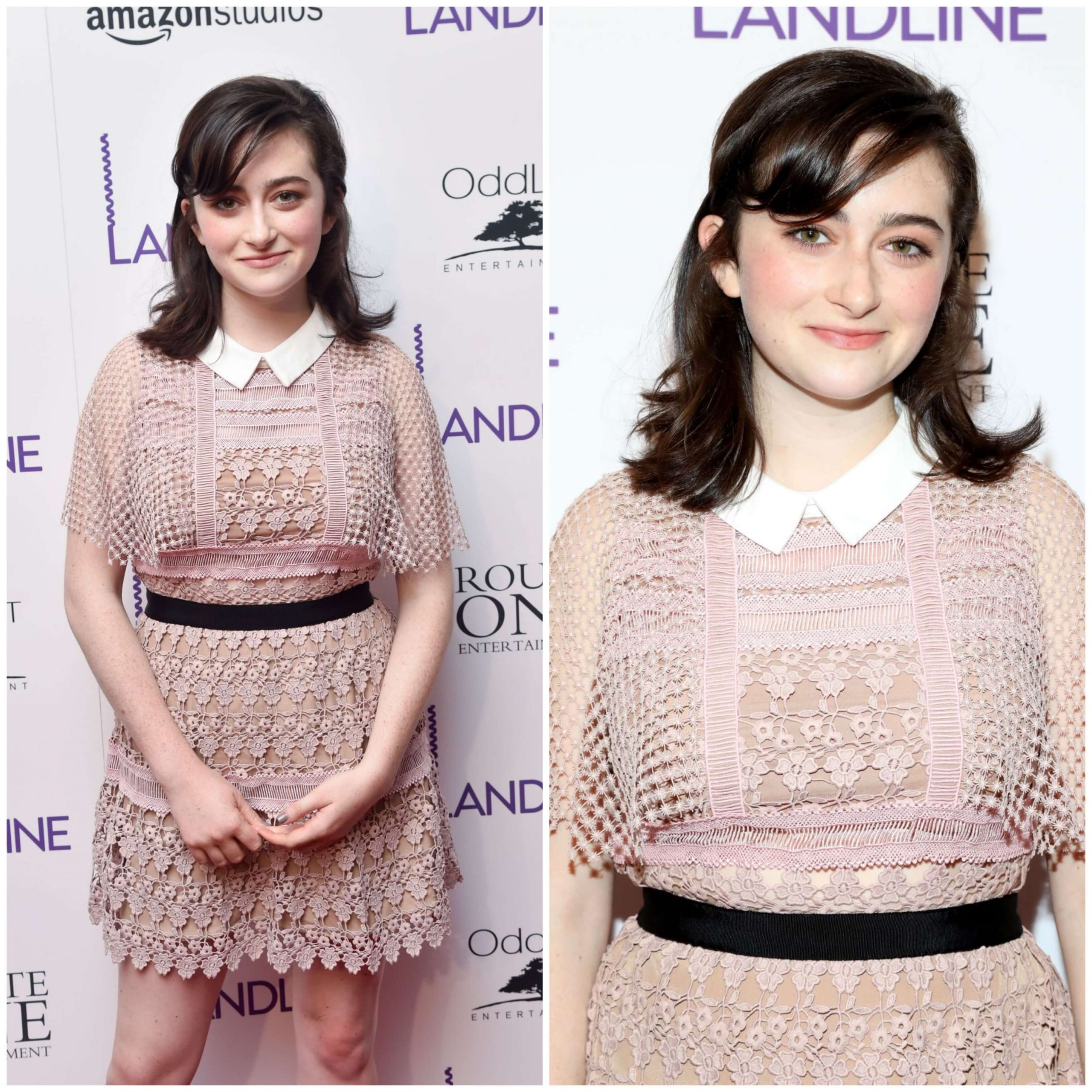Abby Quinn Adorable Look In Pale Pink Lace Dress With a Contrast Collar