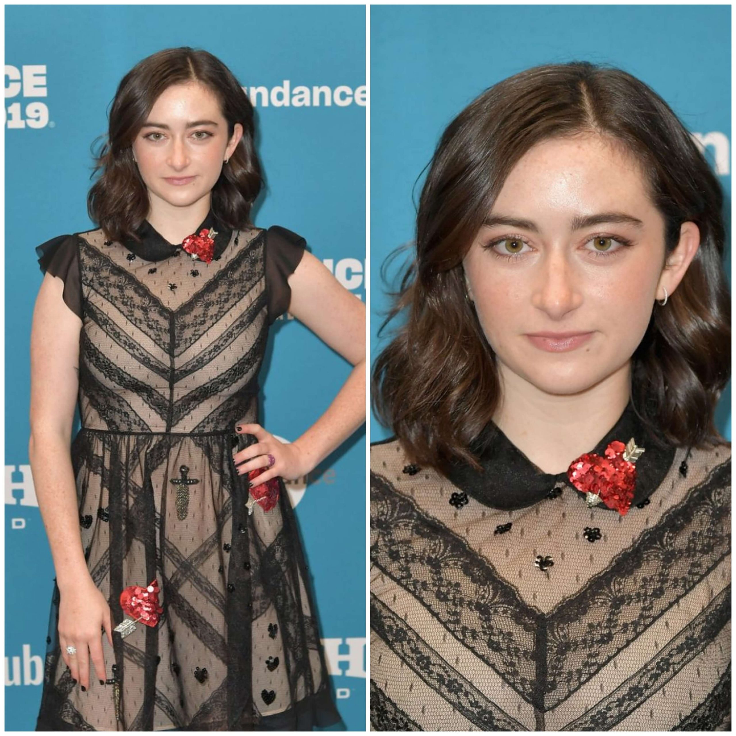 Abby Quinn In Black Embellished Gown With Red Heart Brooch at Sundance Film Festival