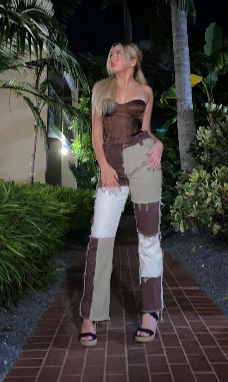Addison Riecke Enchanting Look in Patchwork Brown Denim Jeans With Off - Shoulder Brown Satin Corset