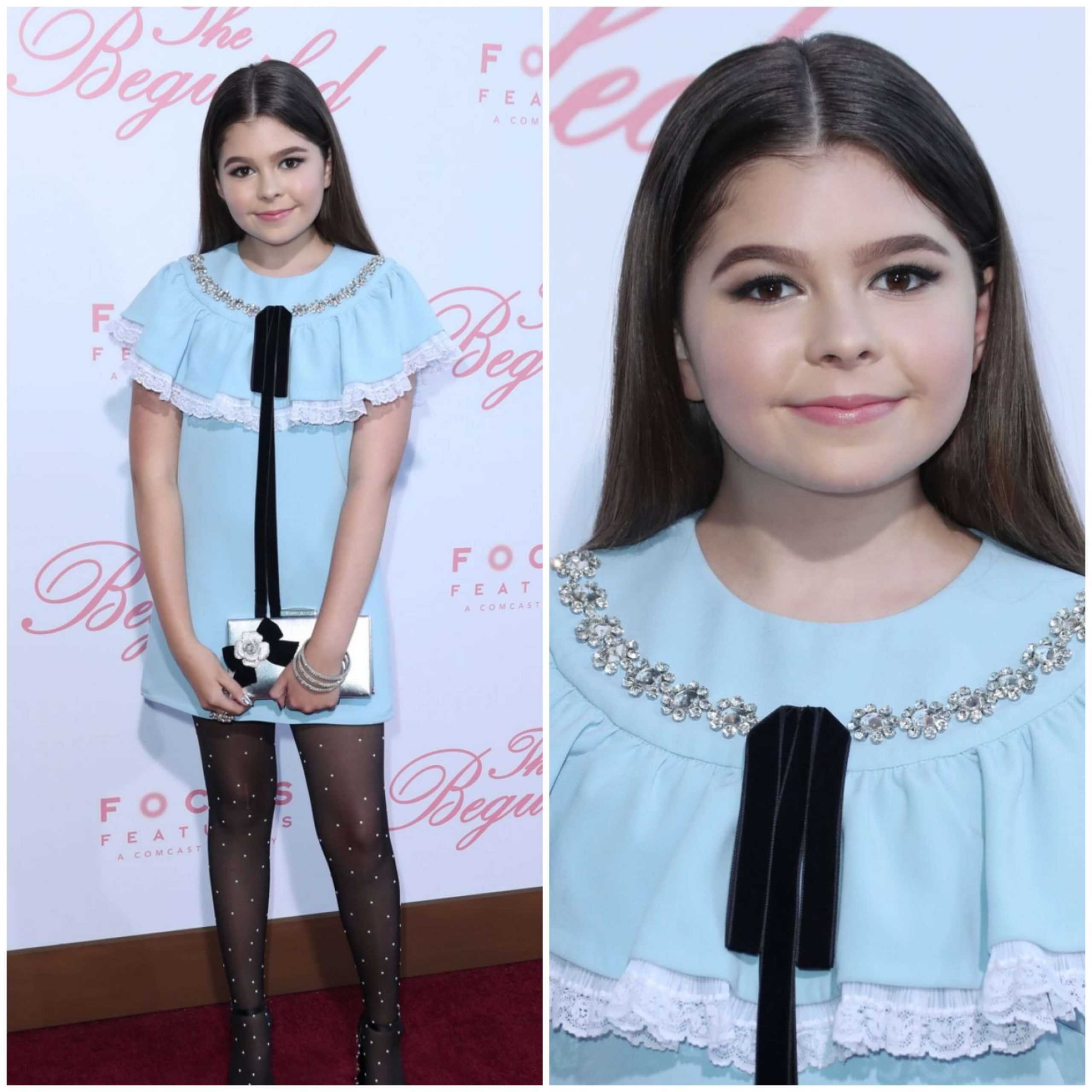 Addison Riecke's In Sky Blue Lace Dress With Dot Printed Tights At The Beguiled” Movie Premiere