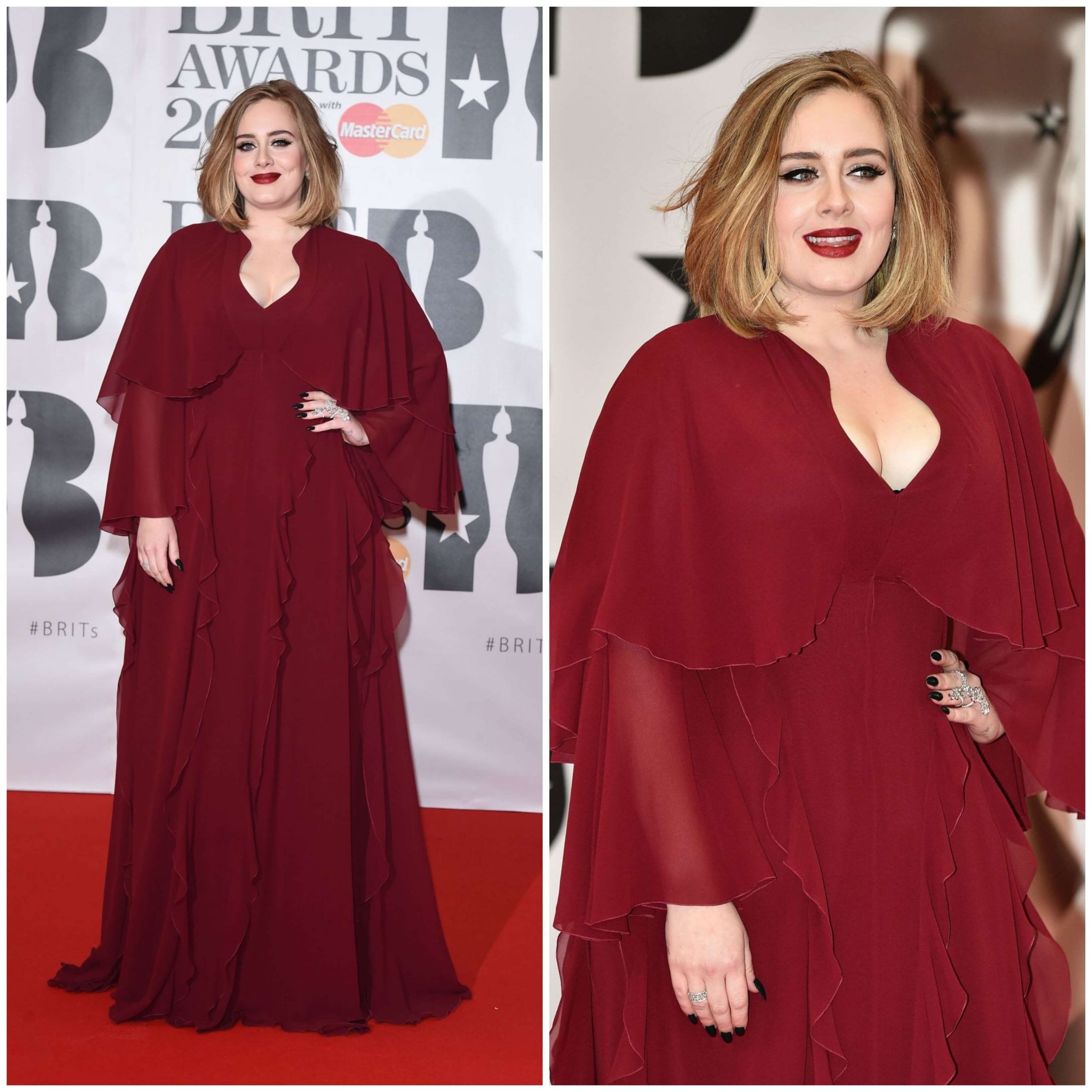 Adele Adorable Look In Ruffle Full Sleeves Maroon Gown At BRIT Awards
