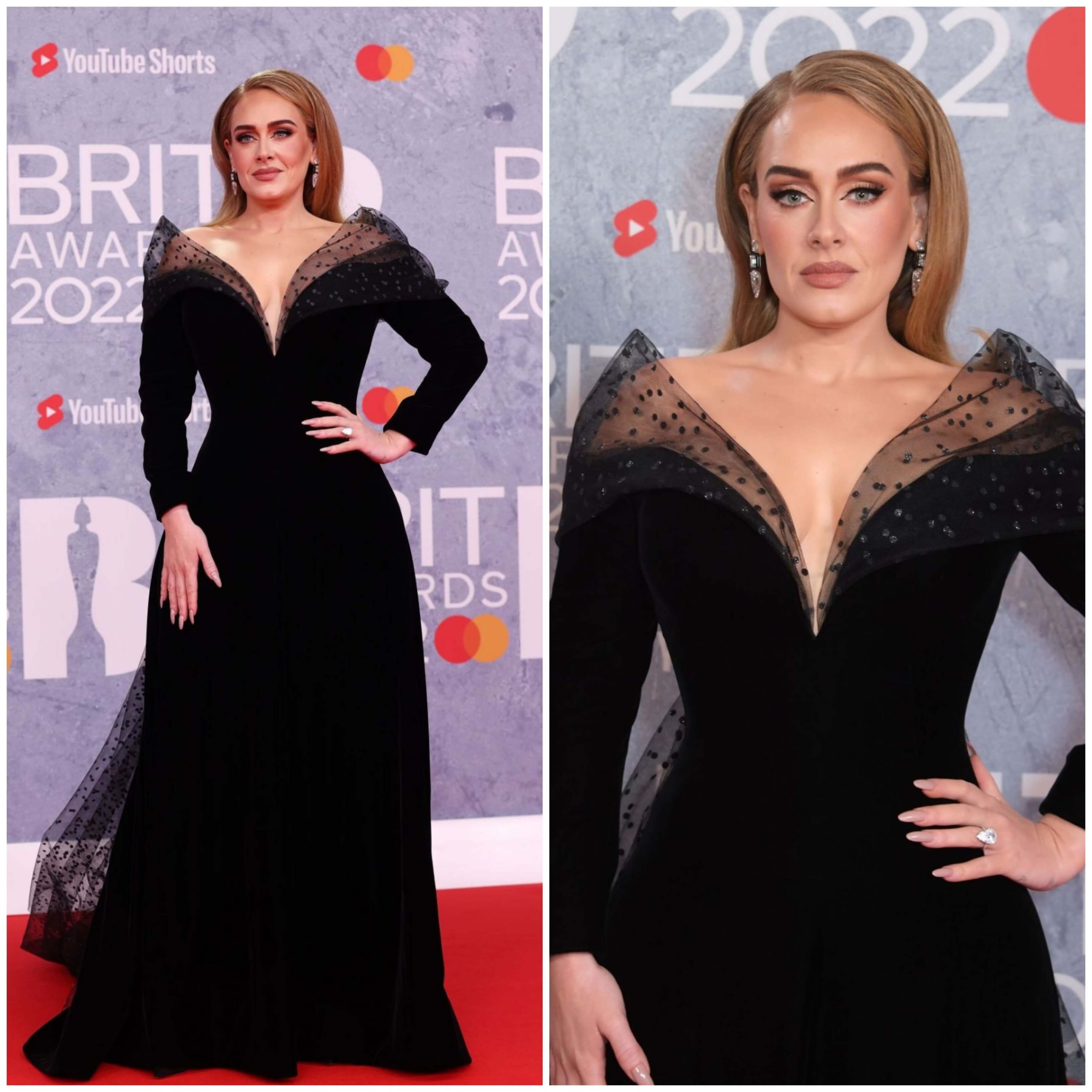 Adele - BRIT Awards Red Carpet in a Deep V Neck Black Full Sleeves Gown