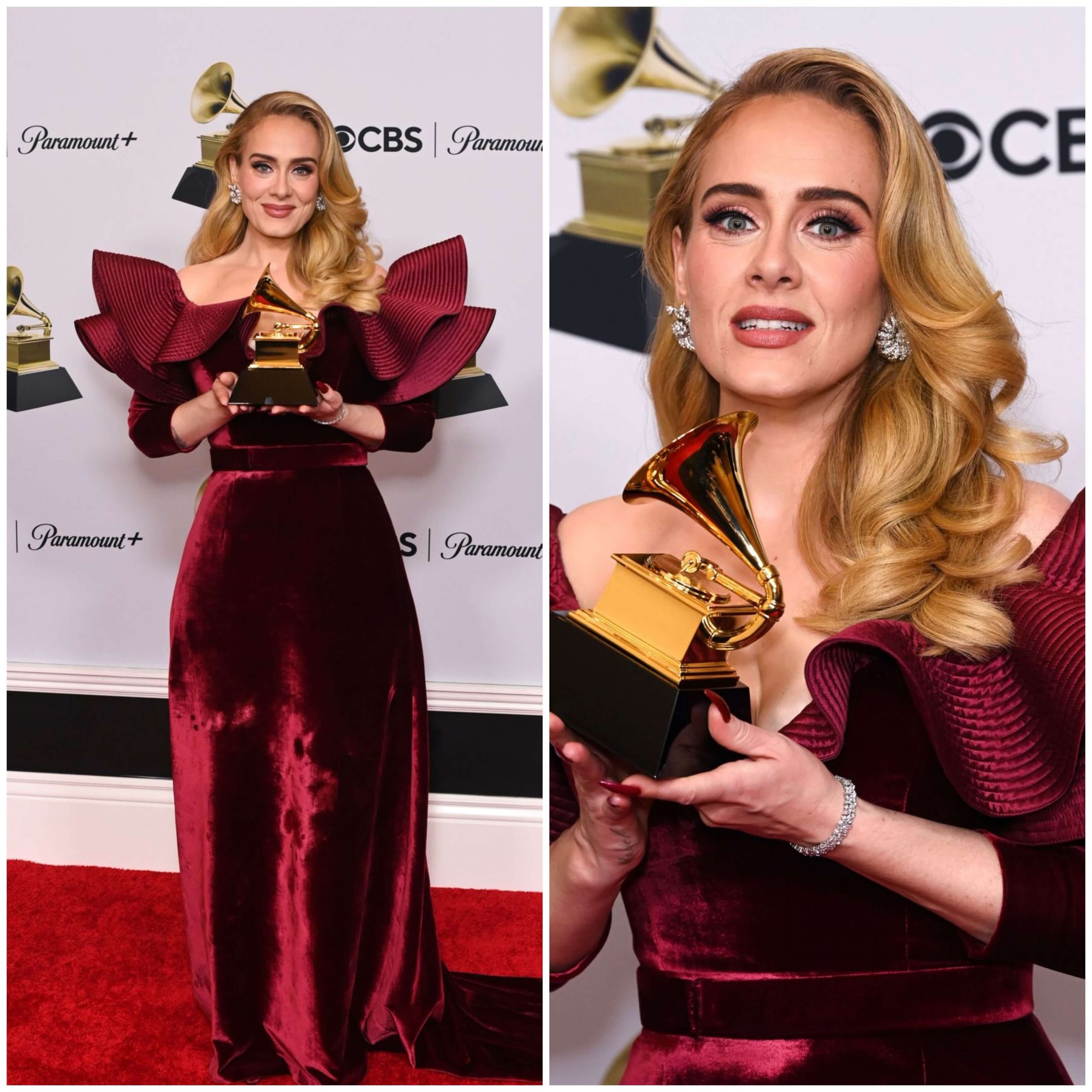 Adele Glamorous Look In Red Velvet Long Gown At GRAMMY Awards