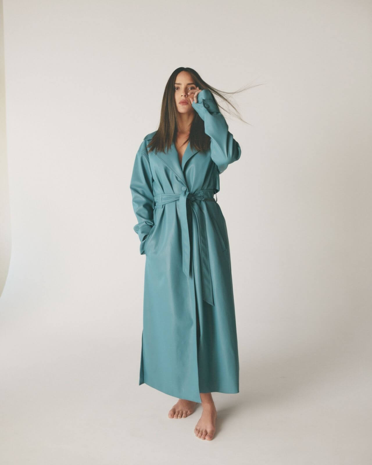 Adria Arjona Adorable Look In Blue Trench Coat With Belt