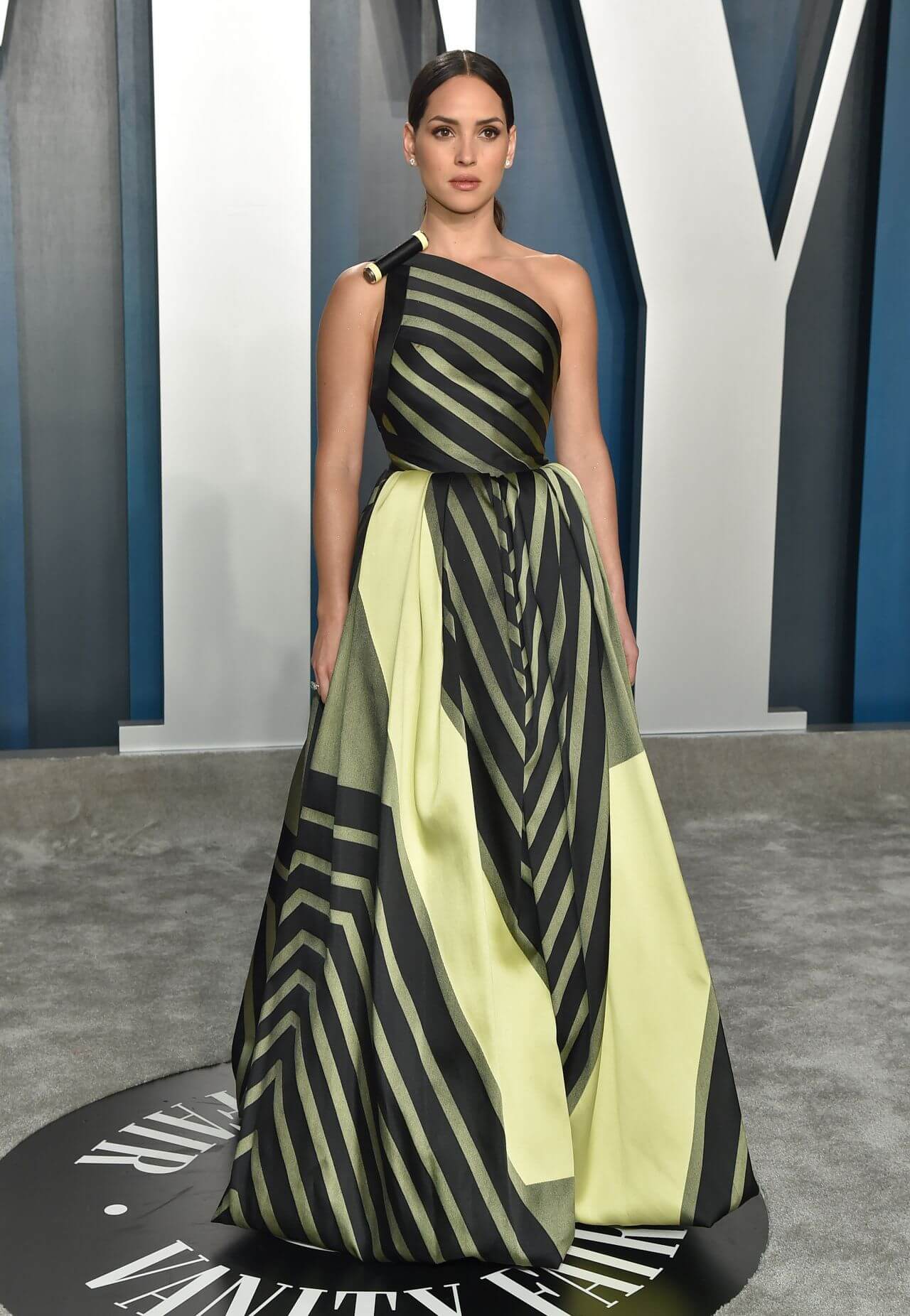 Adria Arjona Look Enchanting In One Shoulder Black & Green Long Gown