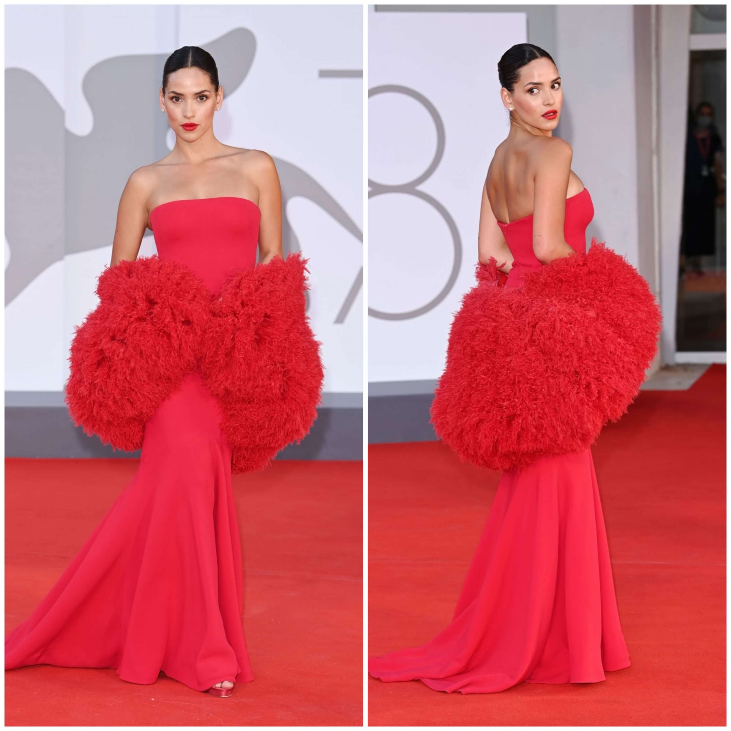 Adria Arjona Sexy Killer Look In Strapless Red Gown With a Matching Fuzzy Bolero at the 78th Venice International Film Festival