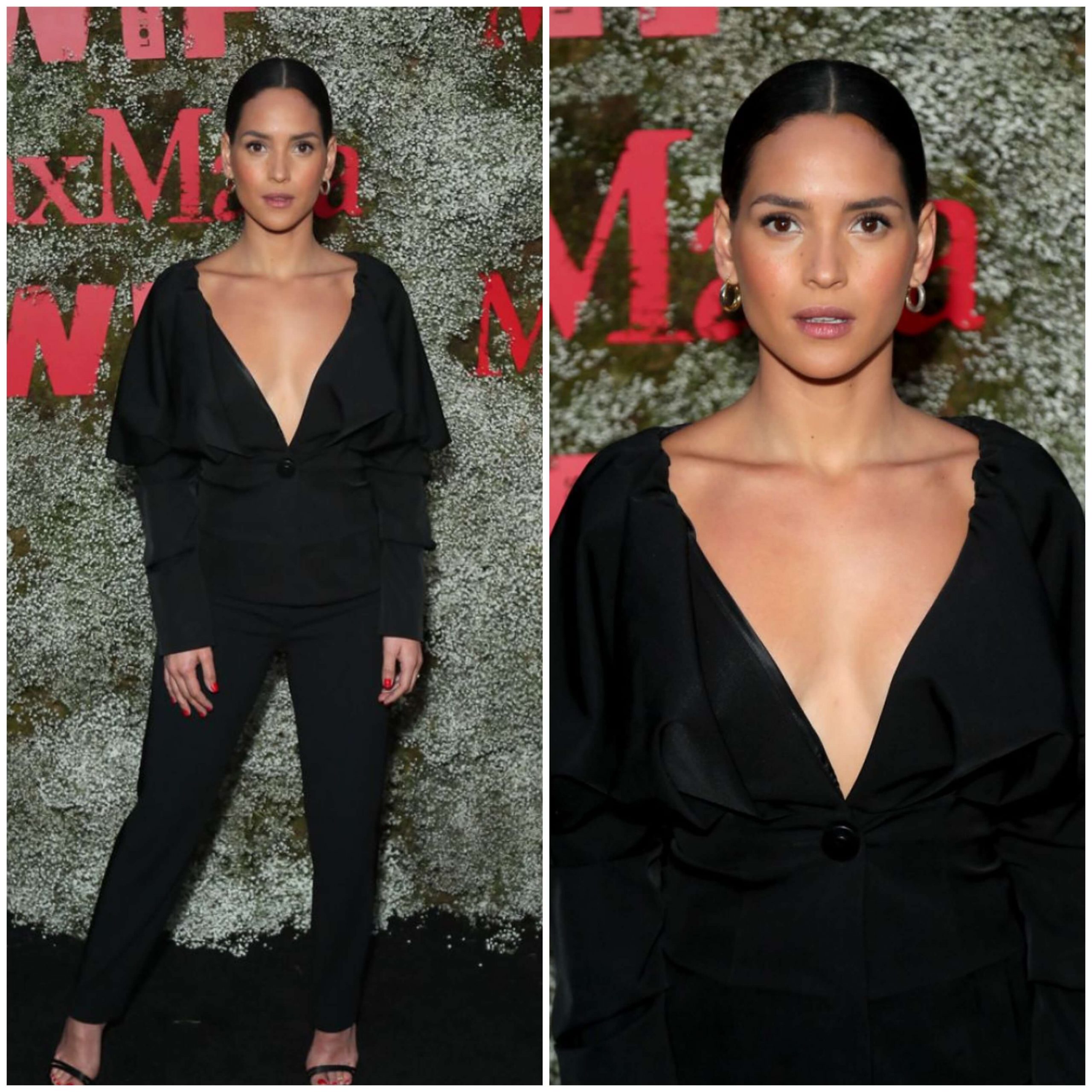 Adria Arjona Simple & Chic Look In Black Jeans & Deep v Neck Black Full Sleeves Top