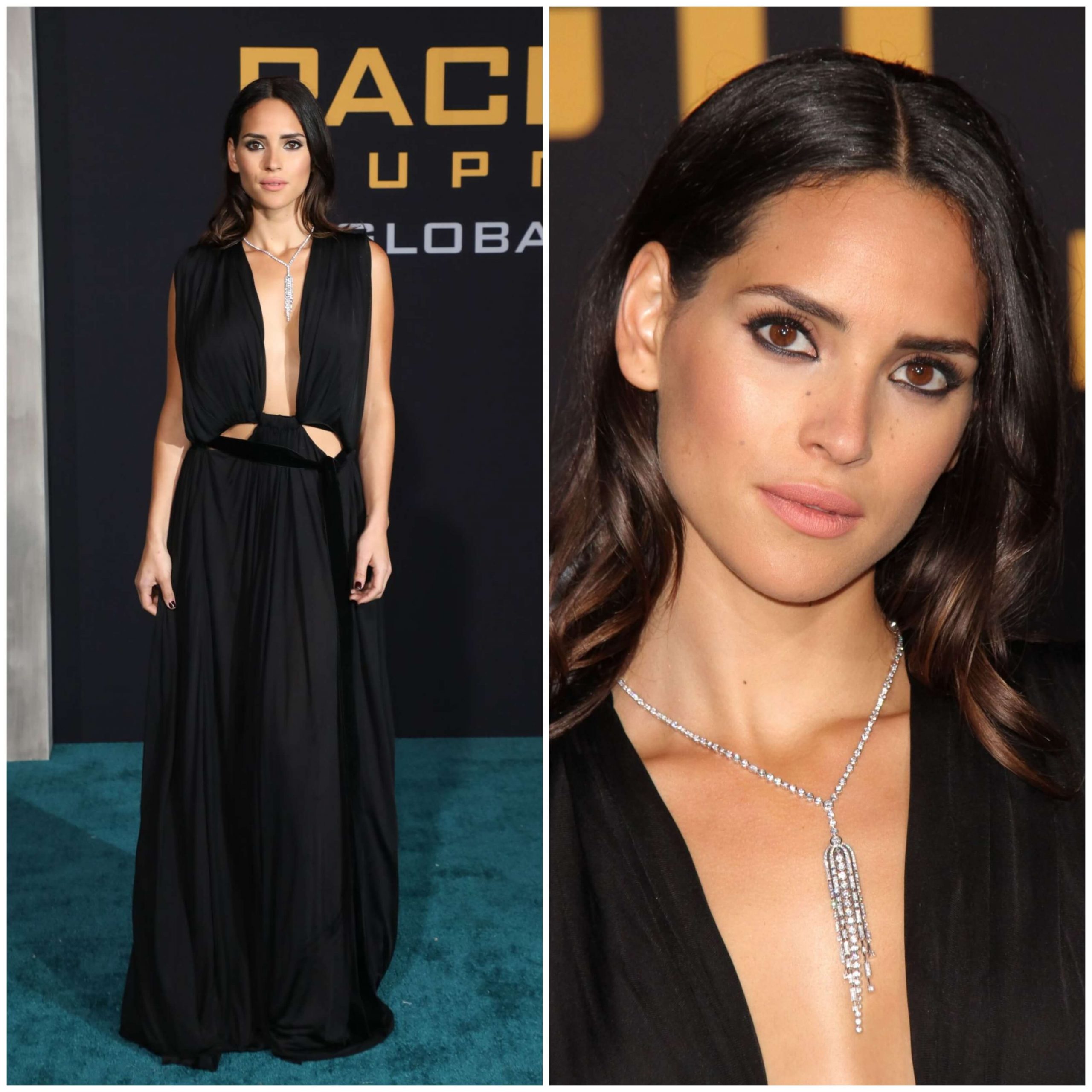 Adria Arjona Stunning Look In Black Asymmetric Cut-Out Dress With Silver Pearls Necklace
