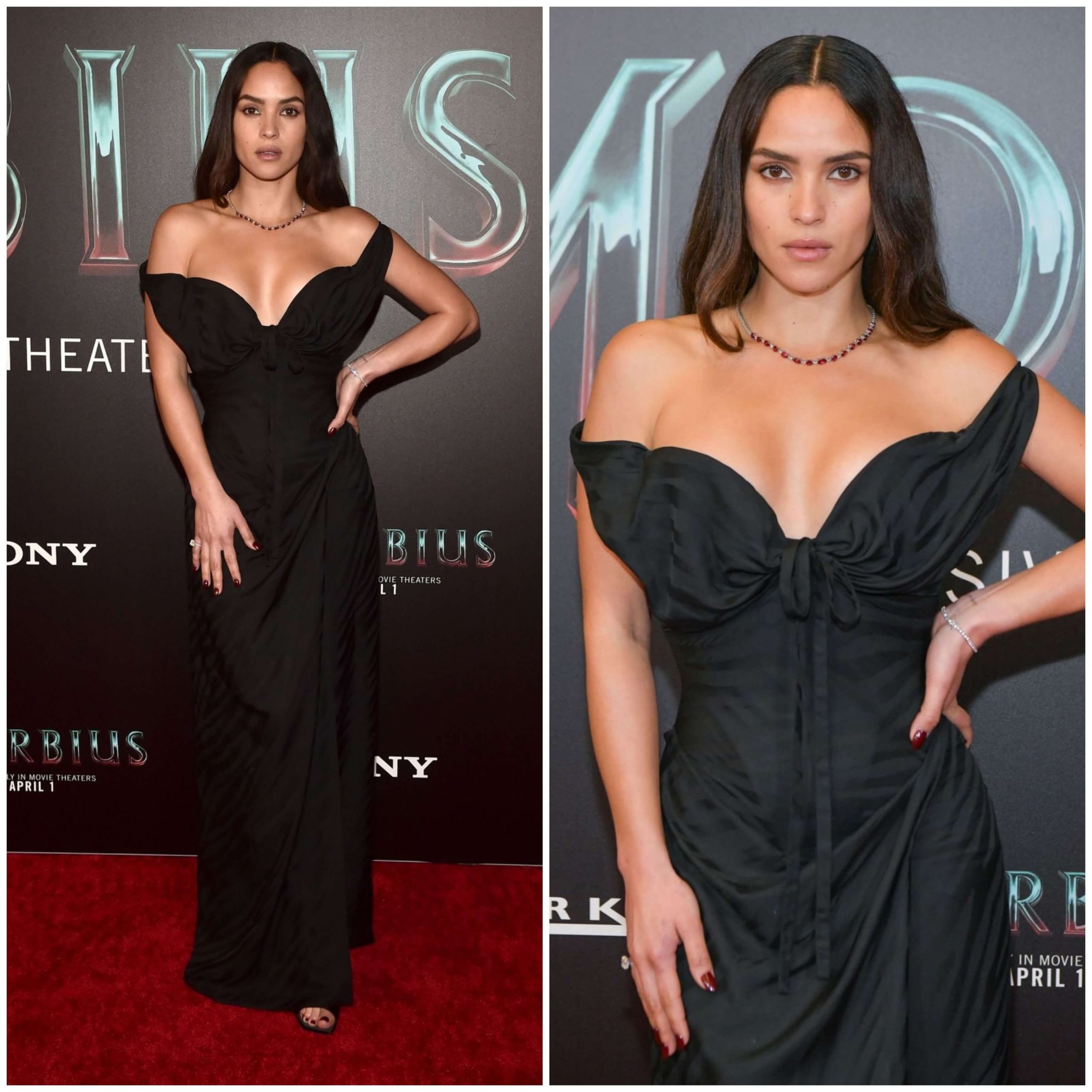 Adria Arjona Stunning Look In Deep Neck Black Sexy Off-Shoulder Gown With Red & Silver Pearls Necklace