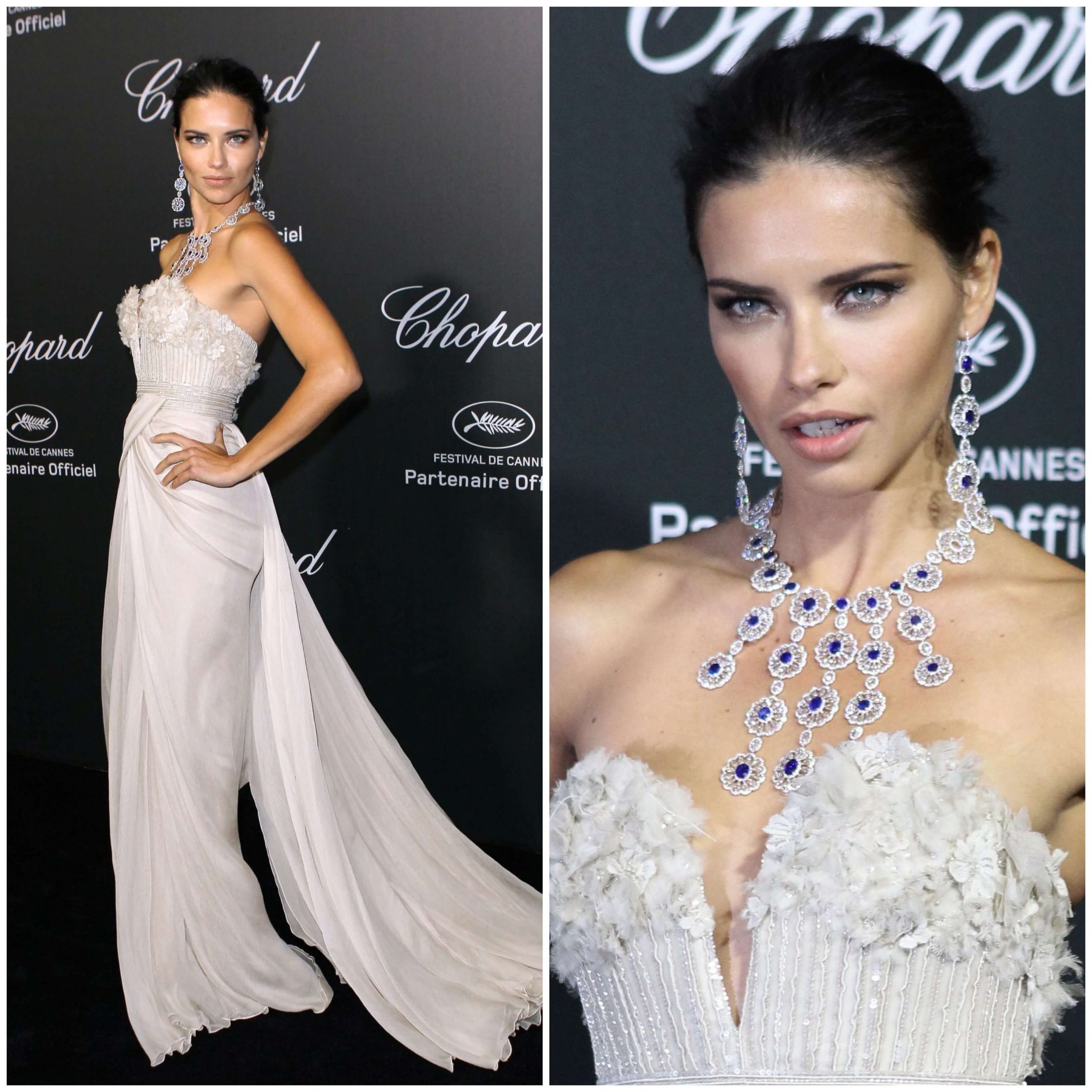 Adriana Lima Adorable Look In Off Shoulder White Long Gown With Silver Royal Blue Pearls Necklace Set