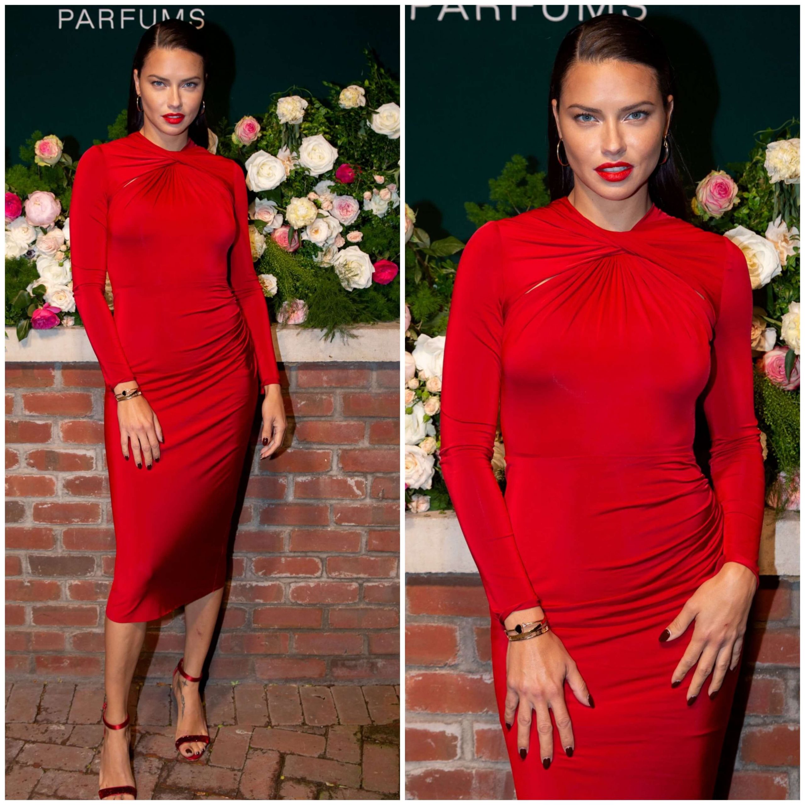 Adriana Lima Awesome Look In Hot Red Gown With Red Pencil Heel