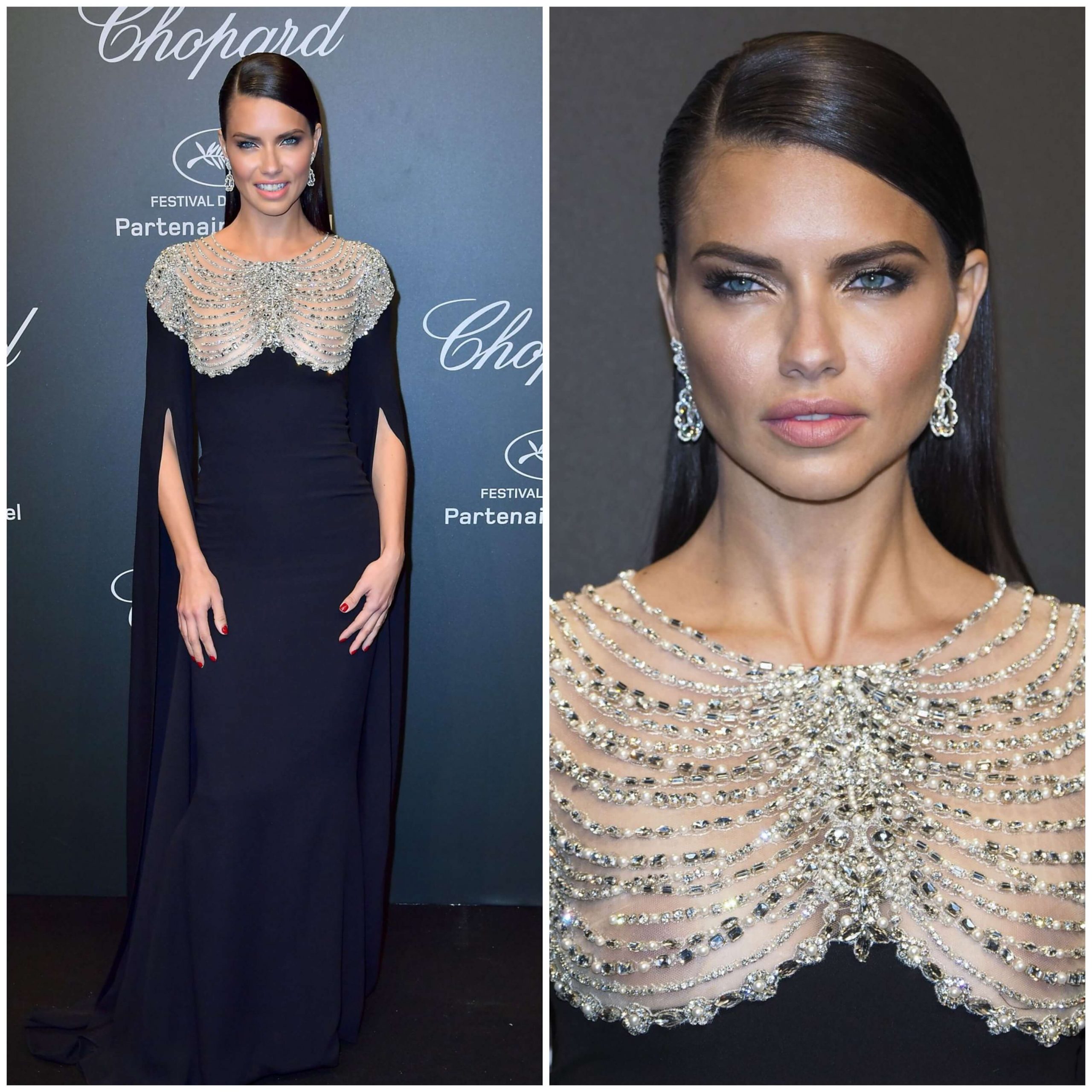 Adriana Lima Beautiful Look In Black Floor-Sweeping Gown With Crystals & Long Cape Style Sleeves