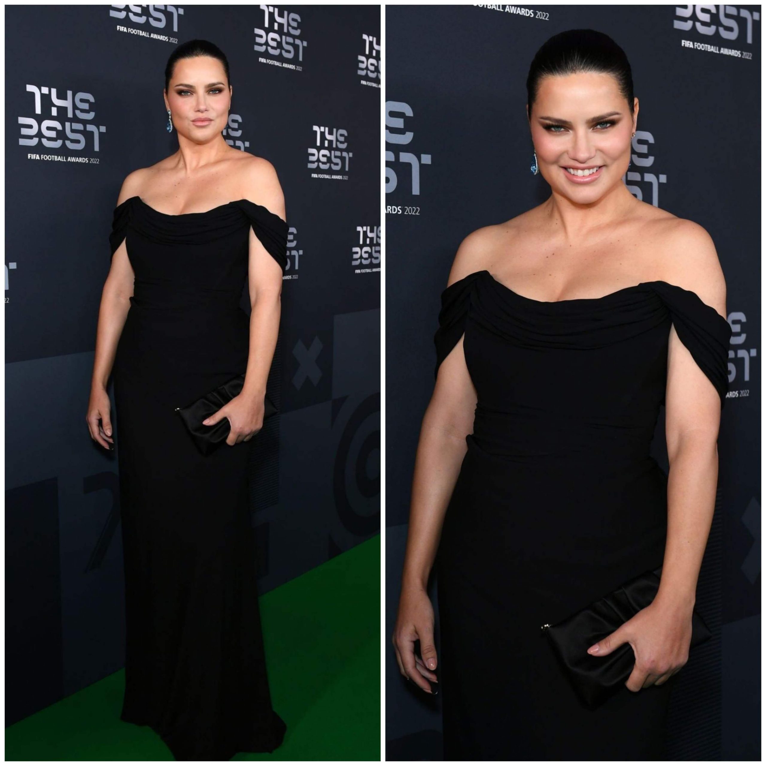 Adriana Lima Green Carpet Look In Black Gown With ruched Cold Shoulder At FIFA Football Awards