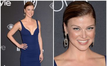 Adrianne Palicki Gorgeous Party Look In Navy Blue Long Sweetheart Neck Gown With Circular Silver Embellished Earrings