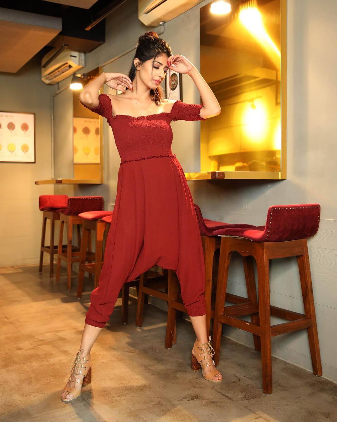 Aishwarya Sakhuja In Tempting Red Off-Shoulder Contemporary Dress