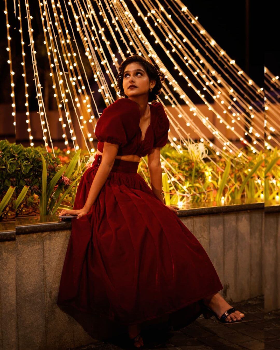 Anaswara Rajan In Red Crop Puffed Sleeves Blouse With Long Skirt