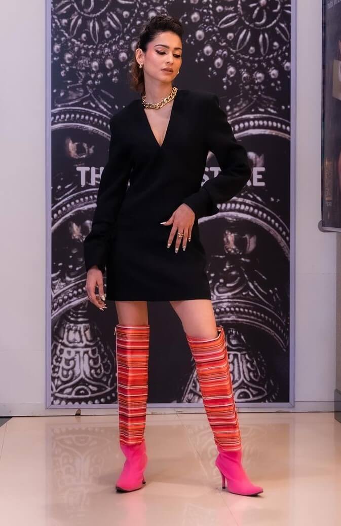 Aneri Vajani Chic Look In Black Dress With Quirky Colourful Boots
