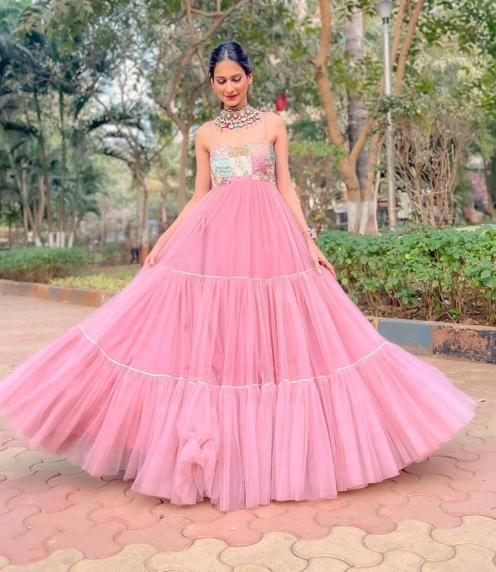 Aneri Vajani Dolled Up For A Wedding In  Beautiful Off-Beat Pink Gown