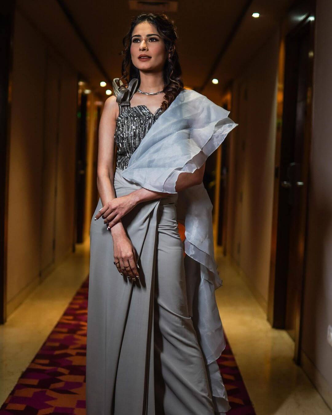 Aneri Vajani Look Stunning In Grey Ruffle Pallu Saree With Designer Blouse