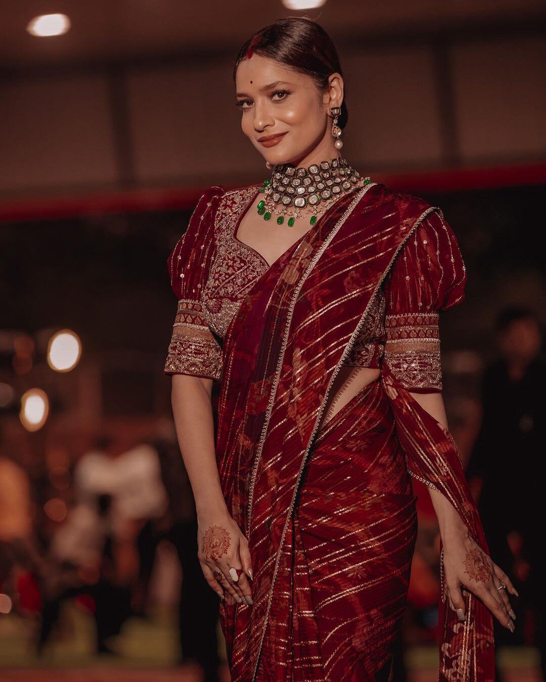 Ankita Lokhande Nails Wedding Fashion Yet Again In Red Embroidered Saree With Polki Jewellery Set