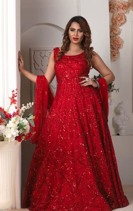 Arshi Khan  Flaunting Her Hotness In Red Embellished Gown