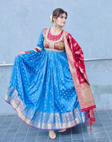 Arti Singh In Blue & Red Silk Anarkali Suit With Maroon Silk Dupatta