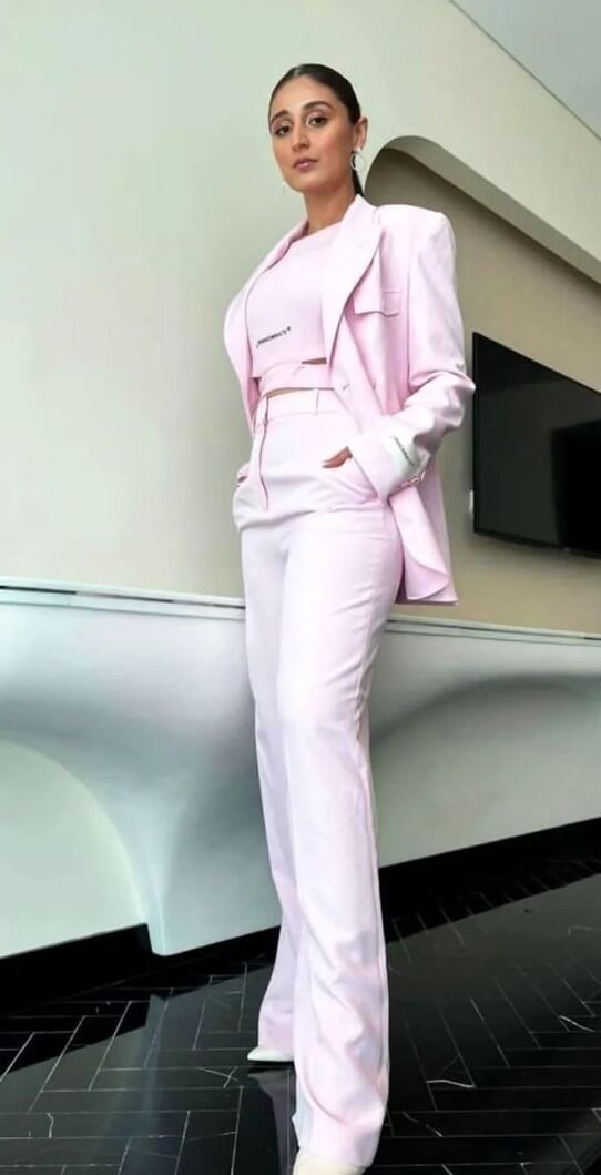 Baby Pink Crop Top With Matching Blazer And Trousers - Dhvani Bhanushali 