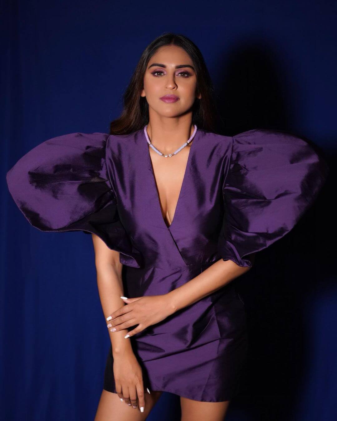 Beautiful Krystle In Purple Ruffled Sleeves Short Dress