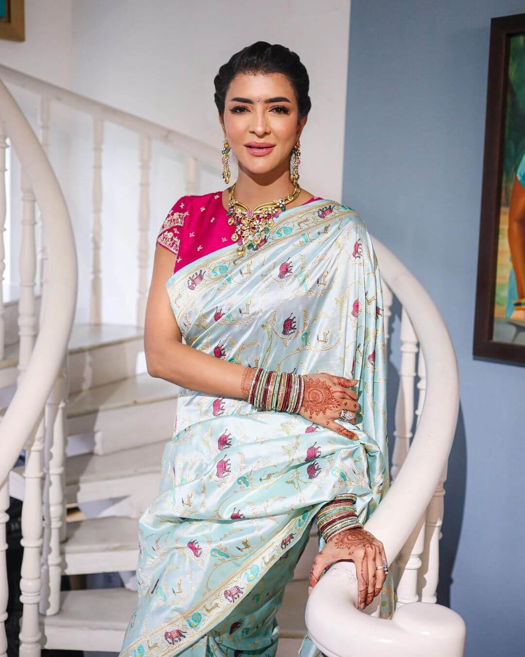 Beauty Bae Manchu Lakshmi In Ice Blue Printed Saree With Pink Blouse