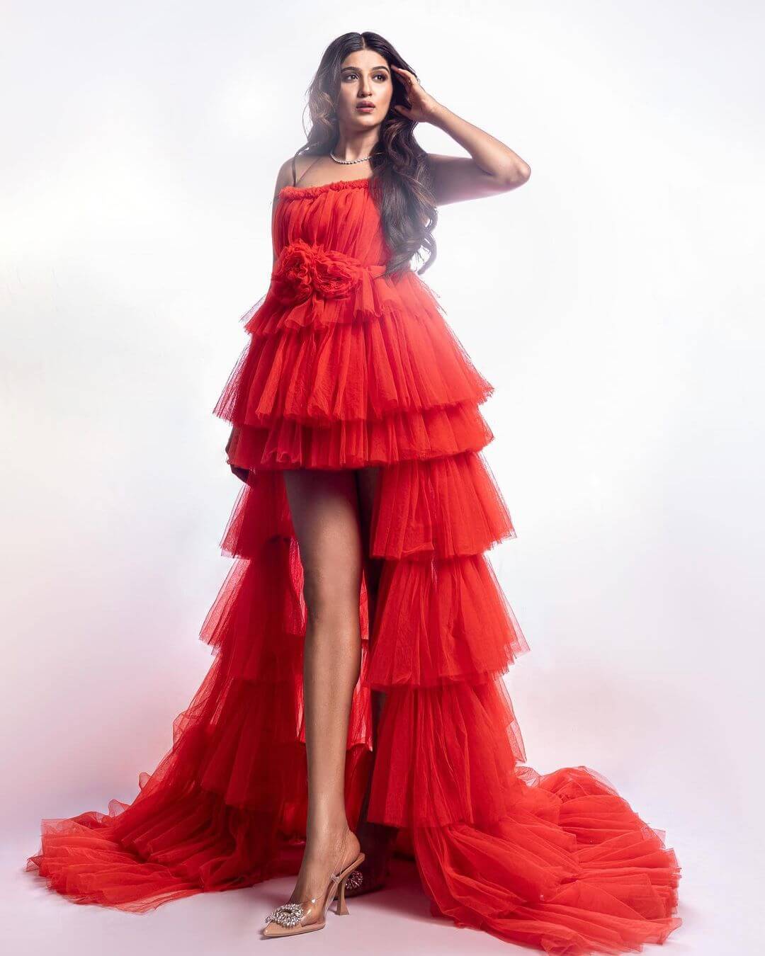 Big Boss 16 Fame Nimrit Kaur Ahluwalia In Red Off Shoulder Multi-Layer Waterfall Gown