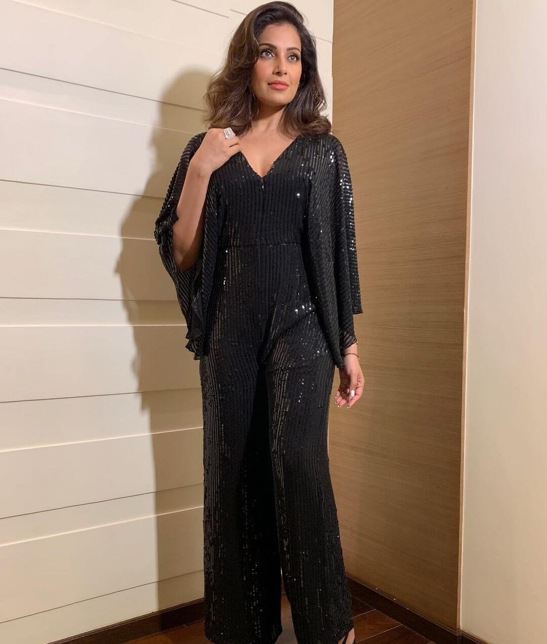 Bipasha Basu Dazzles In Black Sequin Jumpsuit With Kimono Sleeves