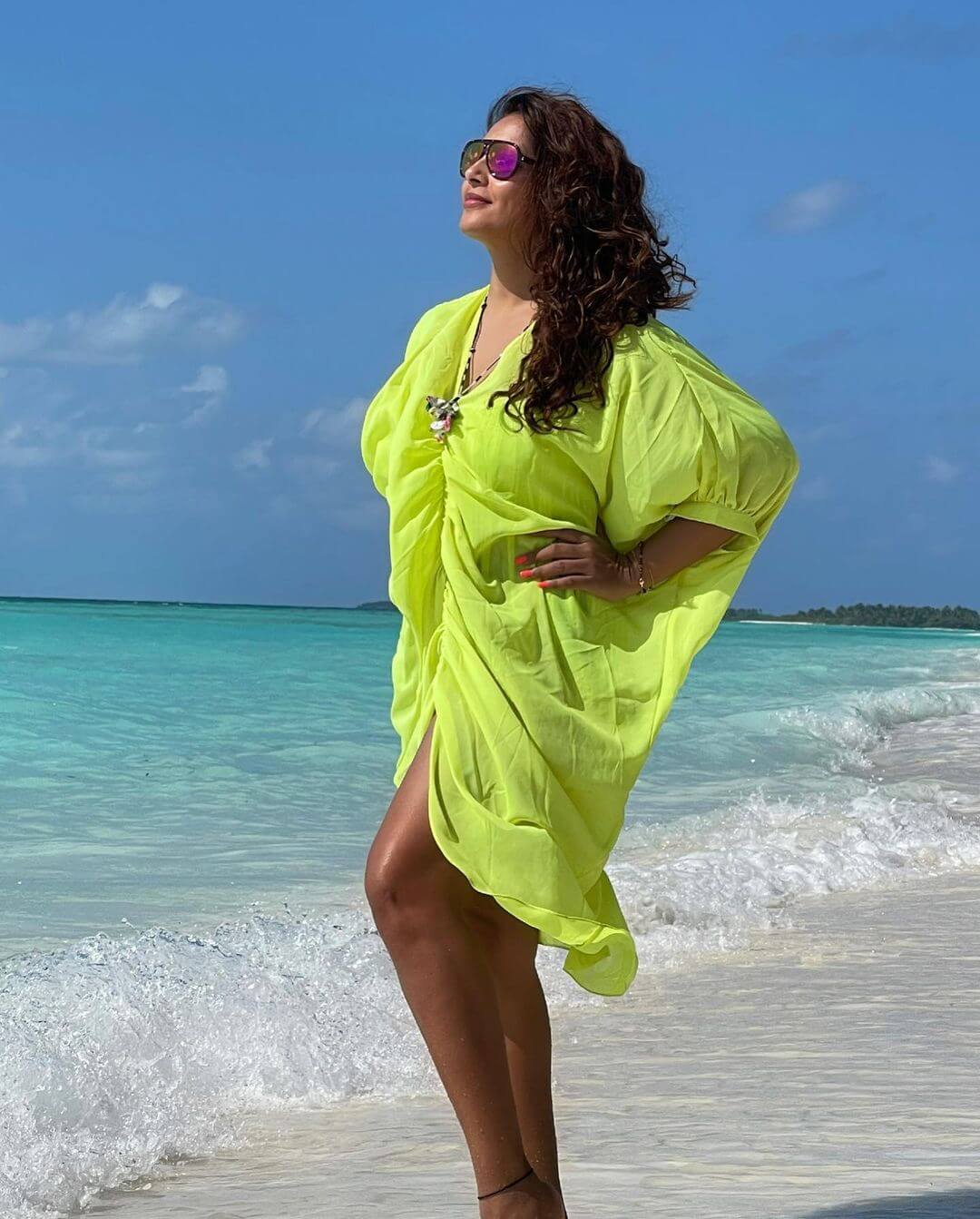 Bipasha Basu Enjoying Her Vacation In Maldives In Neon Green Kaftan Dress