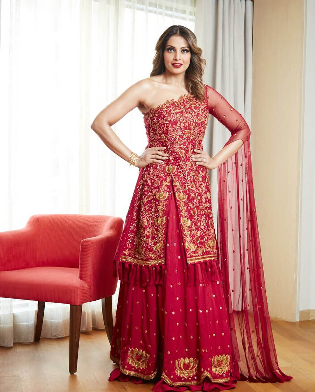 Bipasha Basu In Red One Shoulder Modern Contemporary Bridal Cocktail Outfit