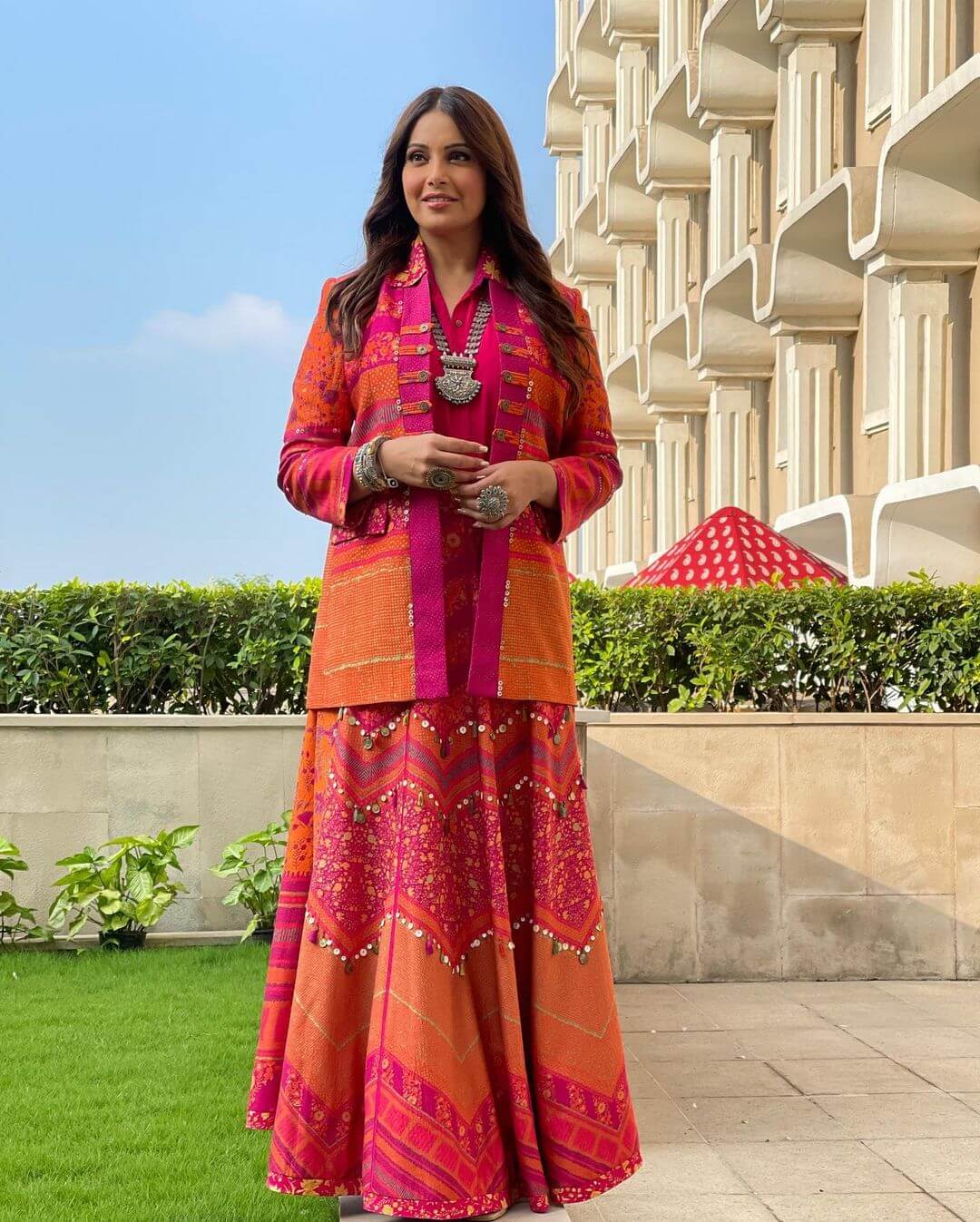 Bipasha Basu Vibrant Yet Chic Look In Pink & Orange Co-Ord Set With Jacket