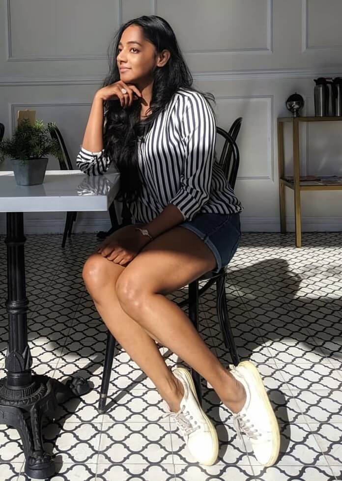Black Beauty Santhy In Black & White Striped Shirt With Blue Denim Shorts