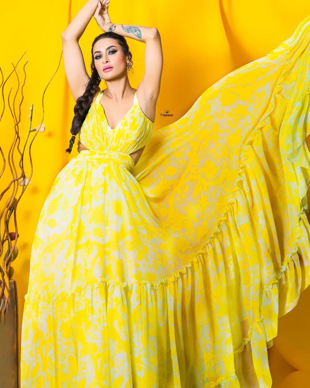 Bold & Sexy Pavitra Punia In Bright Yellow & White  Maxi Dress