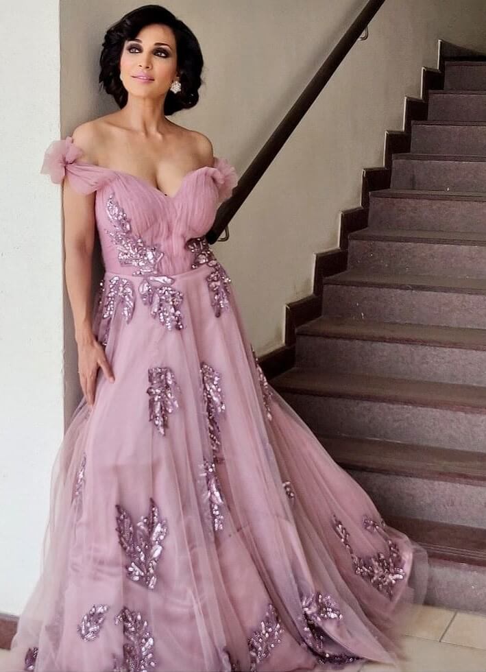 Bollywood Actress Flora Saini  Dolled Up In Lavender Off Shoulder Embellished Ball Gown