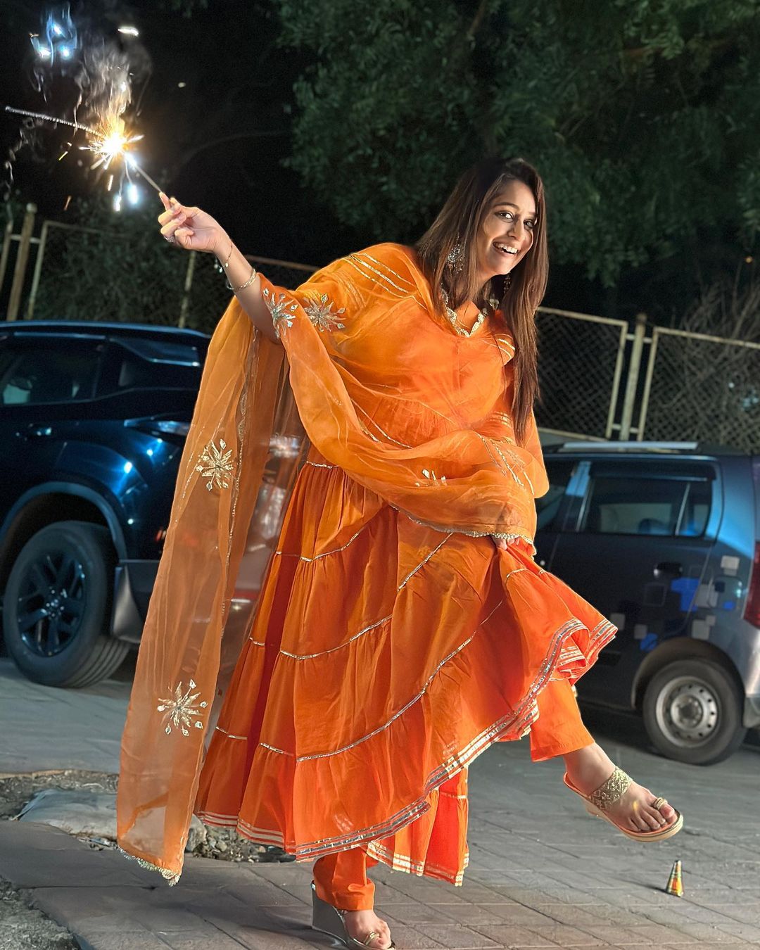 Dipika Kakar Wearing  Orange Long Anarkali Kurti Palazzo With Dupatta Set For Diwali
