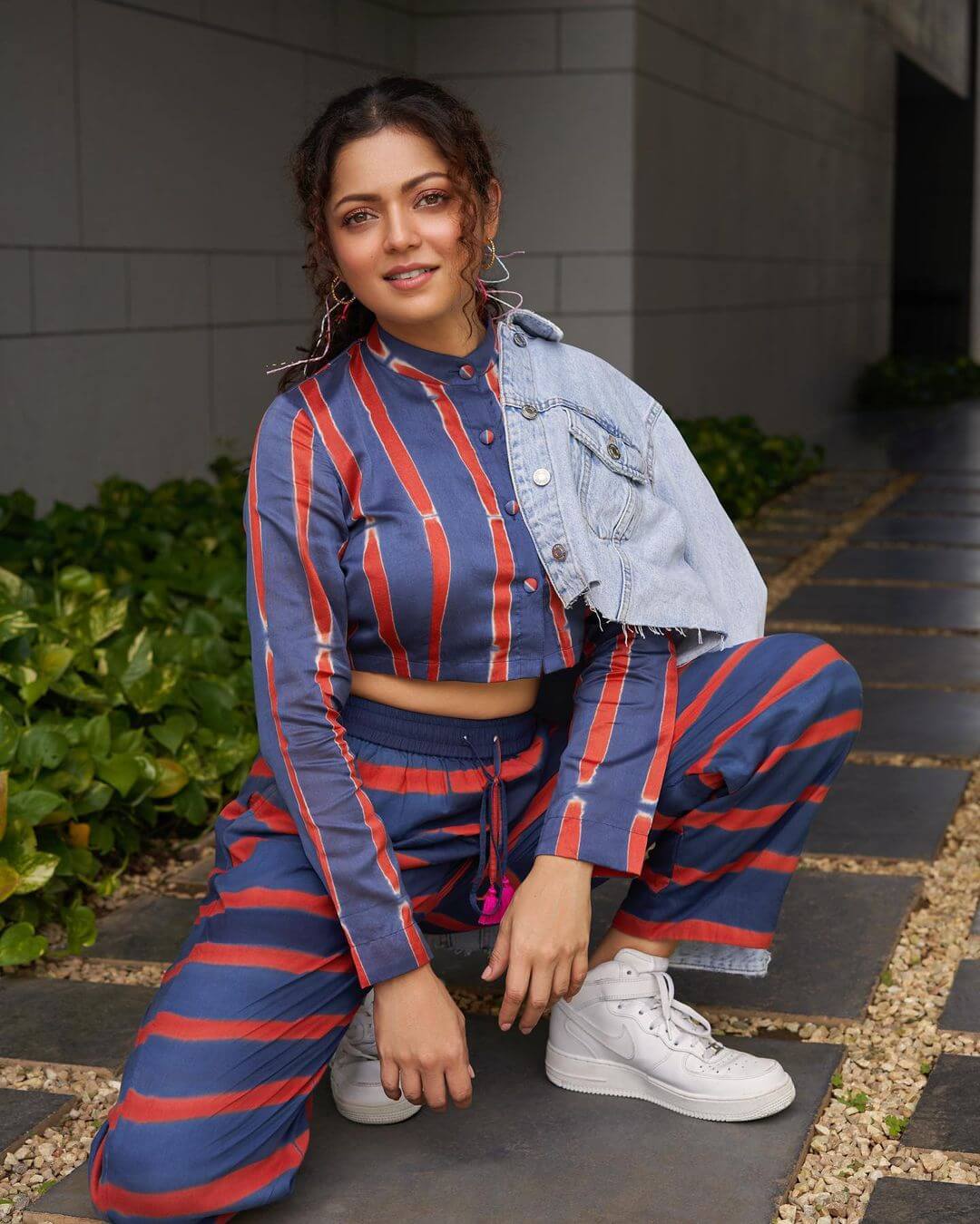 Drashti Dhami Aces The Blue & Red Striped Co-Ord Set With Denim Jeans