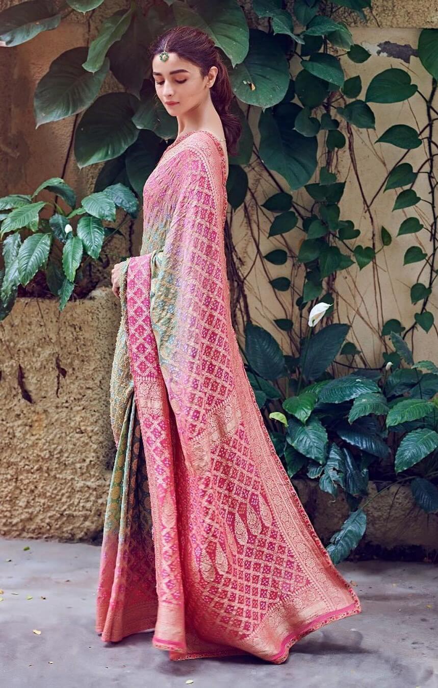 Elegance and Beauty: Alia Bhatt in a Pink and Green Saree