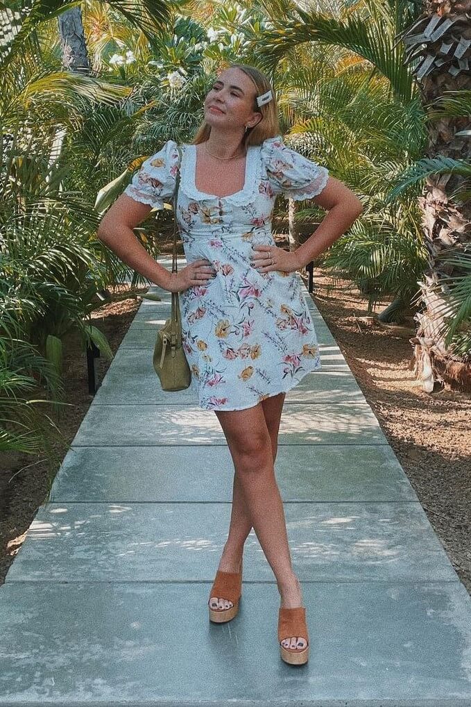 Eliza Bennett Flourishes in Floral Mini Dress and Soft Girl Look