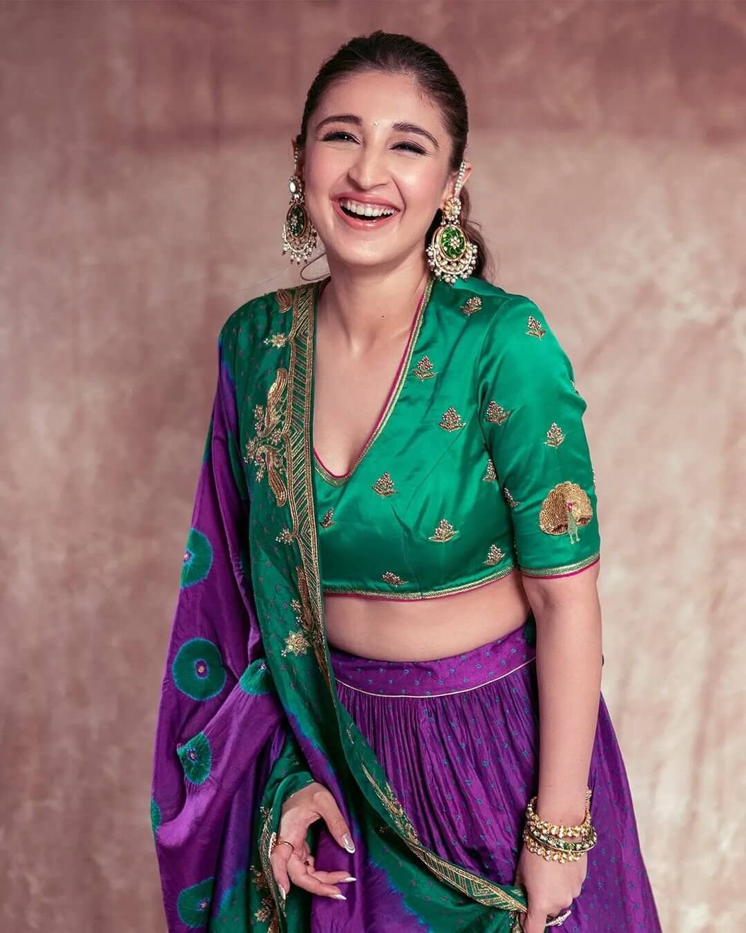 Ethnic Purple Lehenga With Green Blouse - Dhvani Bhanushali 