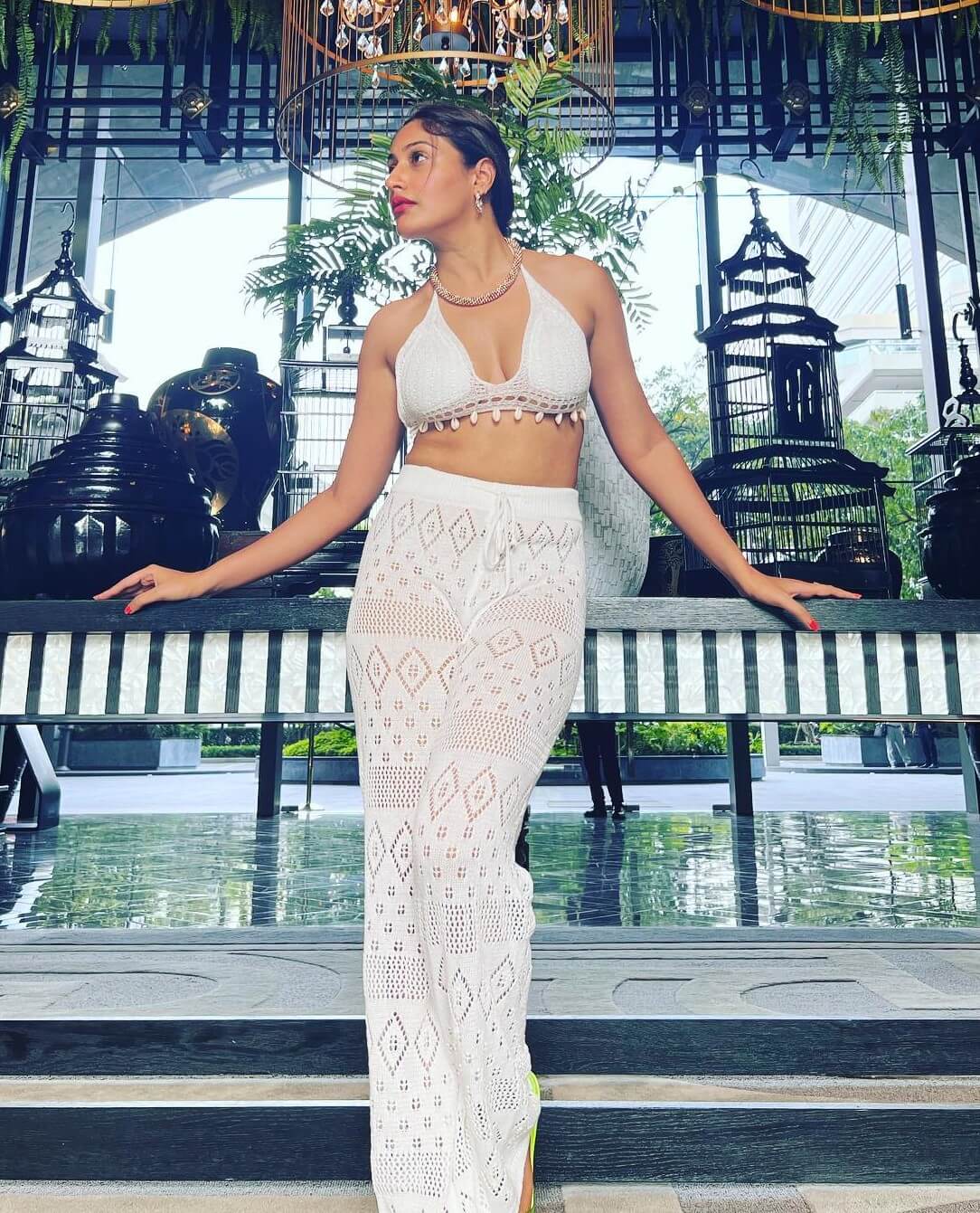 Glam Diva Surbhi Chandna  Vacay Look In  White Crochet Co-Ord Set