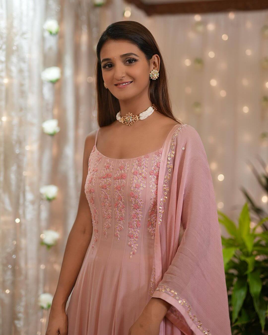 Gorgeous Shakti Mohan In Pink A-Line Suit With Pearl Choker