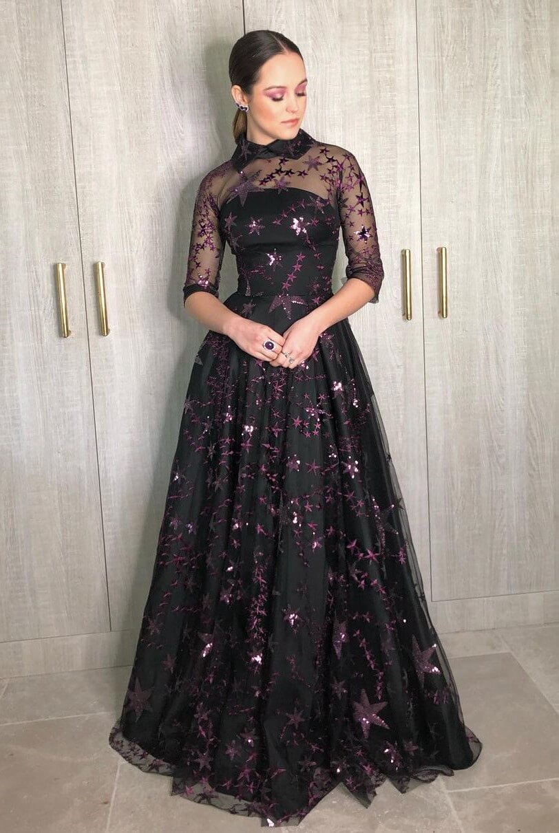 Hayley Orrantia's Stunning Black Gown with Purple Embroidery