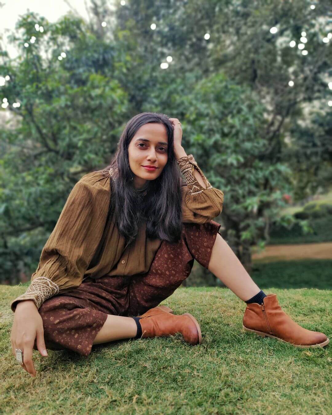 Kaveri In Vintage Olive Green Shirt With Brown Printed Pants Styled With Brown Boots