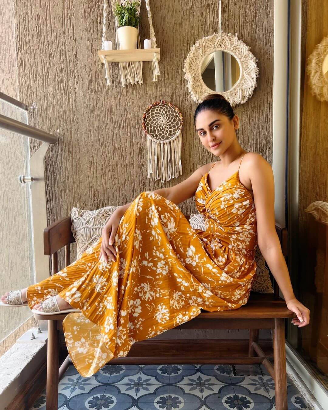 Krystle D’souza Hot Summer Look In Yellow Floral Printed Maxi Dress