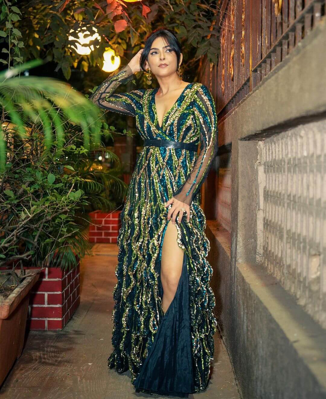 Madhurima Tuli Bling The Sexy Green With Golden Gown With High Slit